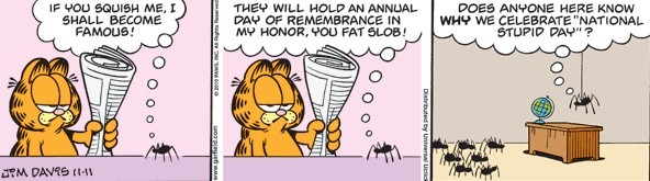 a comic strip showing the cat Garfield and some spiders, with a bubble containing text