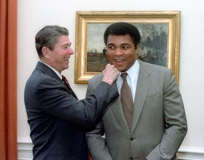 a picture of boxing legend Muhammad Ali with President Reagan in 1983