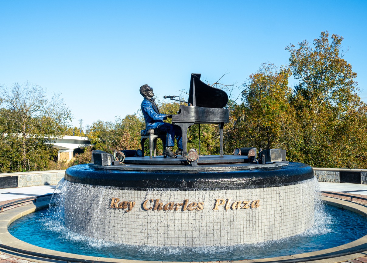 Ray Charles Plaza in Albany Georgia with a Statue Playing the Piano