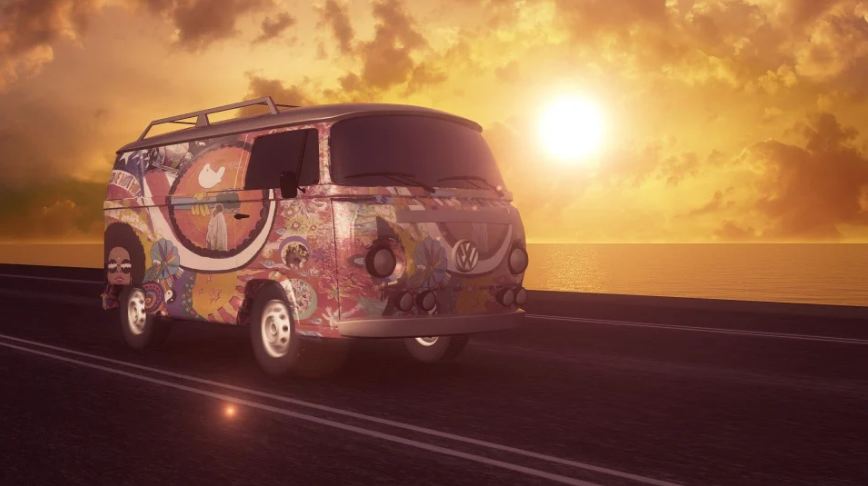 hippie van, road, clouds, sun