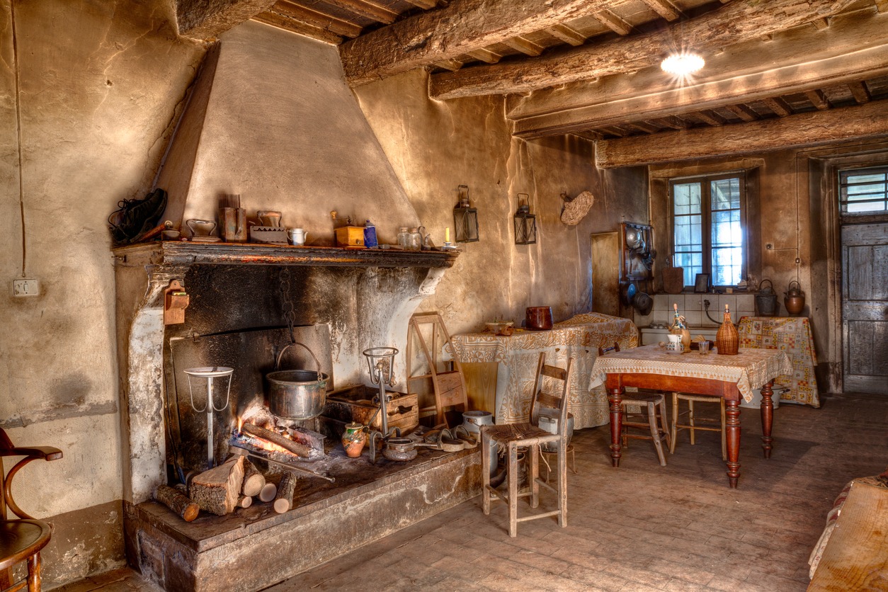 an old kitchen with a fireplace