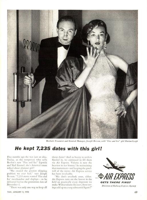 Dorian Leigh with Joseph Revson from Revlon in an ad for Railway Express Agency's Air Express division, 1953