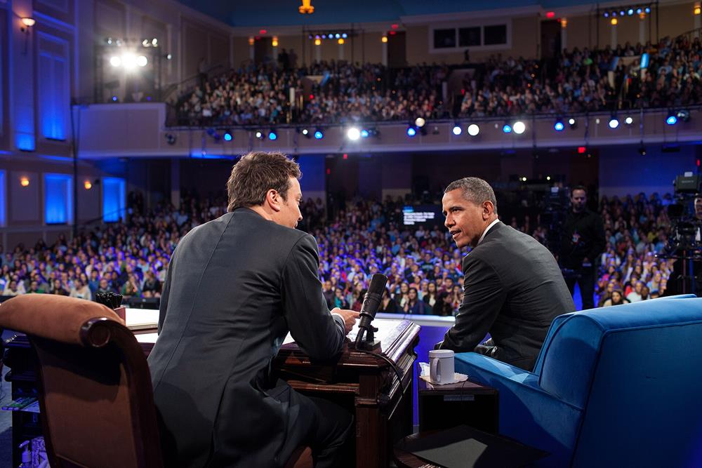 Late Night's Fallon (left) interviews President Barack Obama on the campus of UNC at Chapel Hill in April 2012
