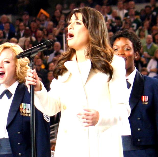 Lea Michele performing at the Super Bowl XLV