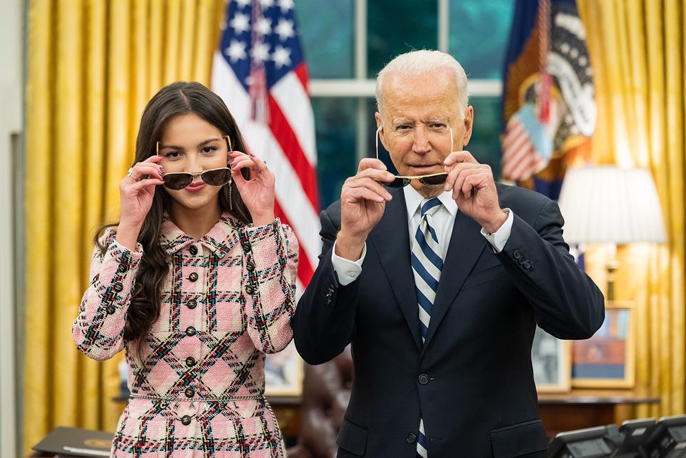 Rodrigo posing with former U.S. President Joe Biden as part of a campaign promoting COVID-19 vaccinations to youth