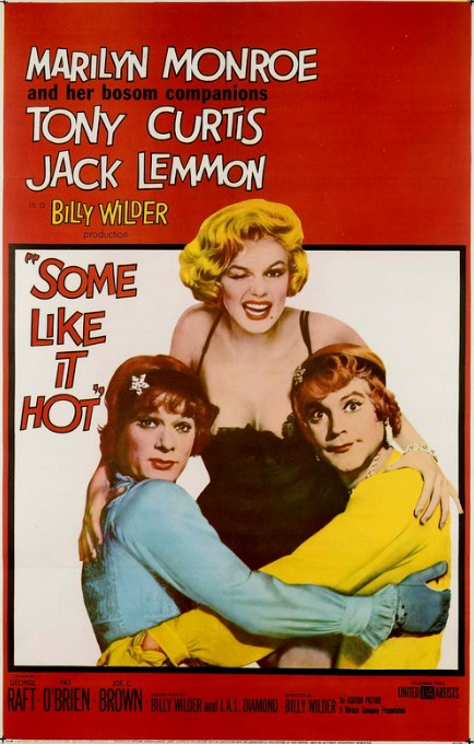 Theatrical poster for the release of the 1959 film Some Like It Hot, starring Marilyn Monroe, Tony Curtis, and Jack Lemmon