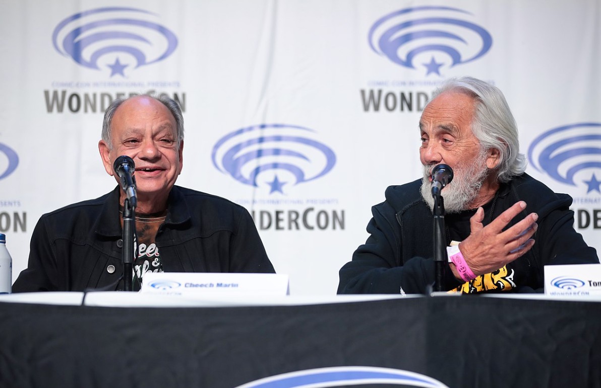 Cheech Marin and Tommy Chong speaking at the 2022 WonderCon, for "Z2 Comics: Back in Smoke - 50 Years of Cheech & Chong", at the Anaheim Convention Center in Anaheim, California. Please attribute to Gage Skidmore if used elsewhere.