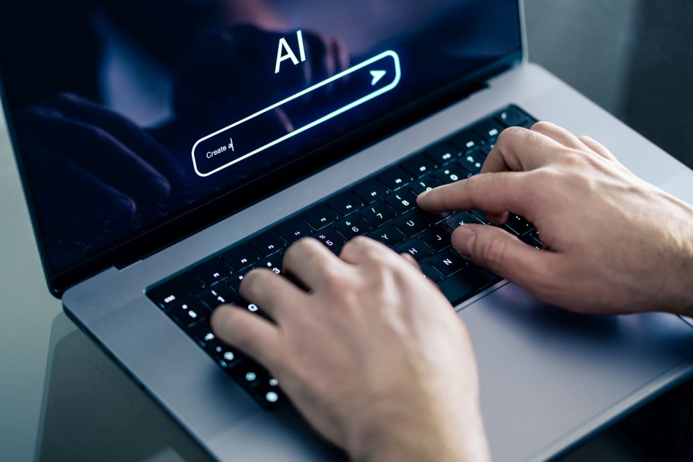 AI chat prompt. Artificial intelligence and digital technology. Man using chatbot with laptop at work. Creative content. Generate text or image. Command input on website. Bot assistant conversation