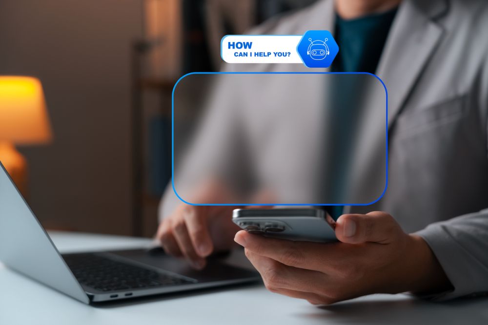 AI driven customer service, businessman using smartphone with virtual chatbot message interface, symbolizing intelligent support, automation, and digital assistance in modern business settings