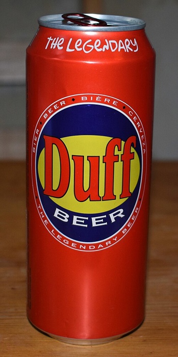 A can of Duff Beer, manufactured by Duff Beverage GmbH. While the can does not resemble the beer seen in The Simpsons, it uses a Simpsons-inspired typeface for the slogan