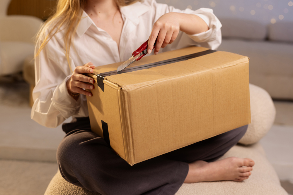 Close-up view of woman opening parcel with cutter at home showing ecommerce delivery and unboxing lifestyle moment